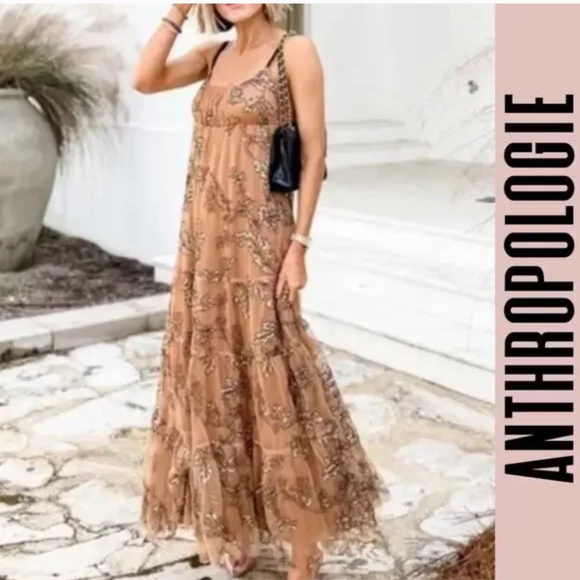 Anthropologie Maeve Sequined Tulle Maxi Dress - Picture 2 of 11